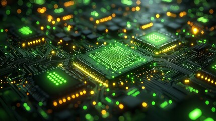 Obraz premium Concept of digital technology banner featuring a green and blue background, embodying cyber technology, circuits, abstraction, tech innovation, the future, data, internet, and network