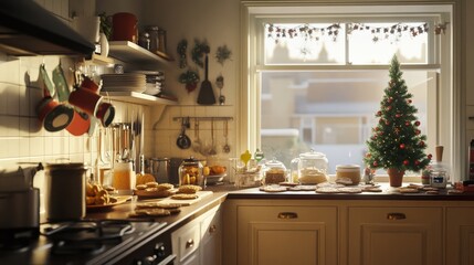 A cozy kitchen adorned for Christmas with a small tree and festive treats. A warm atmosphere invites holiday cheer and family gatherings.