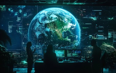 High-Tech Command Center Viewing Advanced Earth Data Visualizations of the Planet