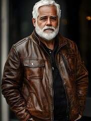Obraz premium Confident Middle Aged Man in Leather Jacket with Natural Background