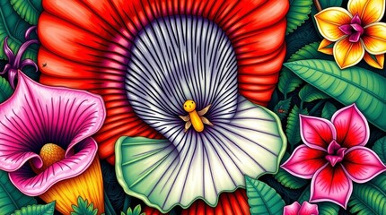 Close-up of a Rafflesia flower, the world's largest, surrounded by pitcher plants, ferns, and orchids. Tiny insects hover nearby. Vivid electric colors, detailed hand-drawn style.