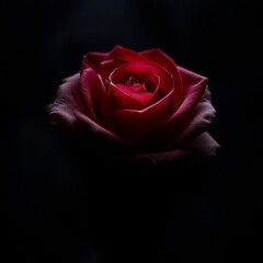 A unique, modern rose in an intense jet black, mystic, enchanting environment, gentle color contrasts, dreamlike atmosphere, ethereal quality, deep shadows