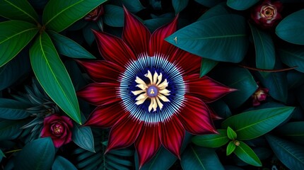 An overhead bird&rsquo;s eye view of a Rafflesia flower surrounded by tropical plants, rich burgundy and deep blue tones. Sophisticated and elegant, top-down perspective.