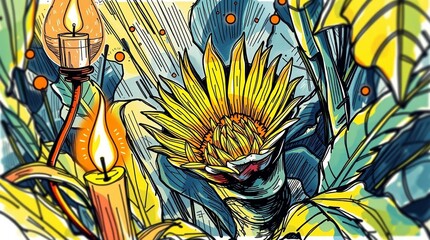 A dynamic hand-drawn sketch in color sketchnote style depicting a close-up of a Rafflesia flower and surrounding plants.  Warm candlelight, flickering flames, blurred lines, action poses.