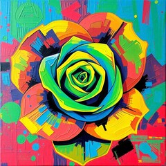 Bold acrylic painting, vibrant electric colors, textured brushstrokes, unique modern rose design, vivid hues