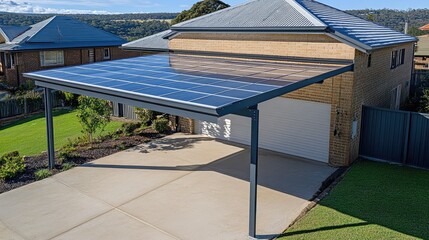 Overhead shot of a completed carport roof extension with shade panels.