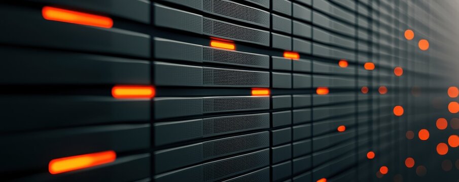A close-up view of high-tech server racks illuminated by orange lights, showcasing a modern data center's sleek design and organization.