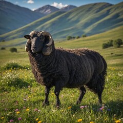 Obraz premium Karakul Sheep in a Vibrant Pasture. Sheep on a meadow. 