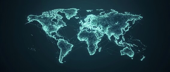 An abstract digital world map set against a blue backdrop, incorporating binary code and global network connection technology, emphasizing data transfer and cyber security within the cyberspace