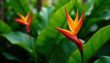 Obraz premium Heliconia Lobster Claw Flower in a tropical garden, long green leaves, greenery