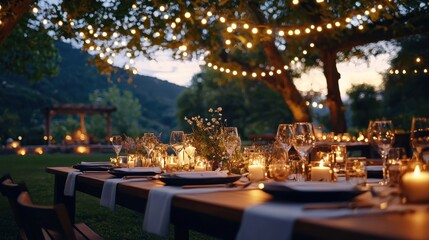 Elegant outdoor dinner party with guests in timeless evening wear under twinkling fairy lights surrounded by lush greenery