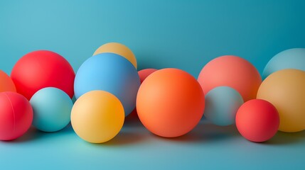 3D rendering of a colorful abstract background with a group of different sized spheres in pastel colors against a blue background.