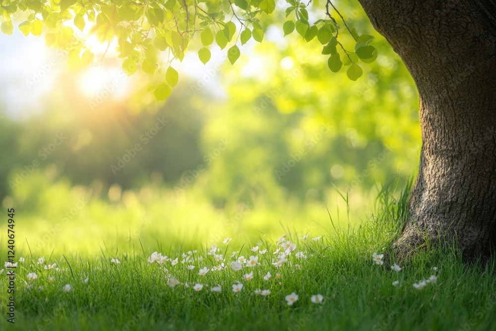 Aufkleber sunlight filtering through foliage illuminating a serene grassy area with blooming flowers in a calm