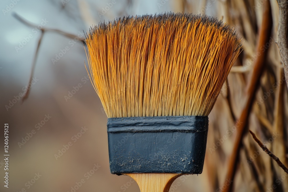 Poster paint brush resting against a rustic background, showcasing fine bristles and a worn handle in natur
