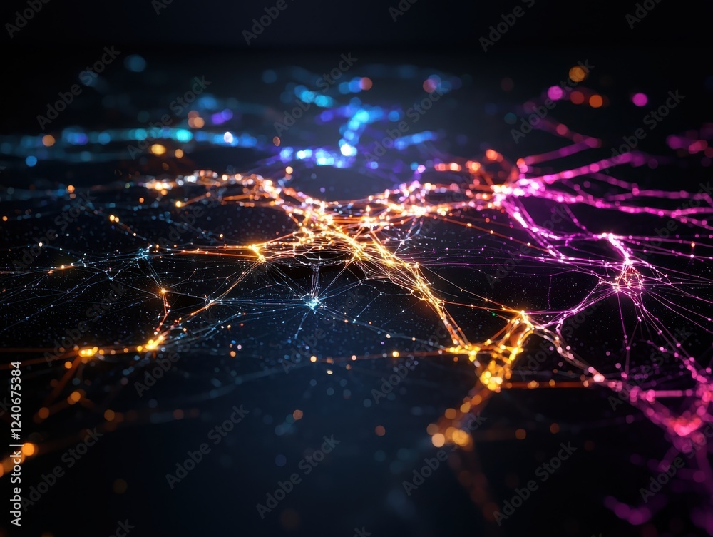 Poster visualizing blockchain technology interconnected nodes in a dark environment abstract digital art co