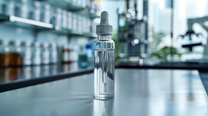 A small transparent plastic bottle with a dropper cap, placed centrally on a clean white medical table.