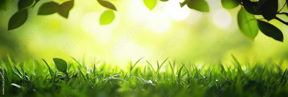Aufkleber Lush green grass illuminated by soft sunlight in a serene outdoor space ideal for text and creativity. Generative AI