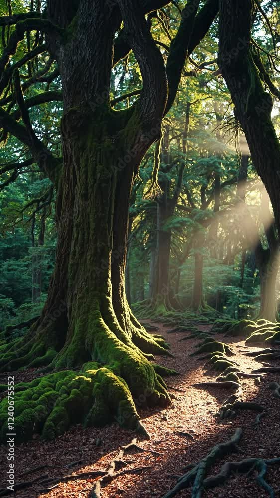 Poster An ancient forest trail lined with moss-covered boulders and gnarled tree roots, beams of light filtering through a dense canopy.