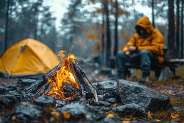 Warm campfire illuminates a rainy evening in a forest as a person enjoys nature's serenity