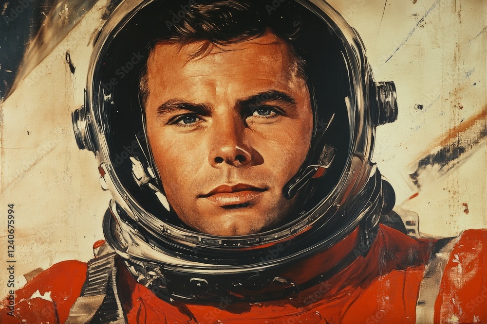 Poster portrait of an astronaut in a red space suit with a reflective helmet ready for a mission in a drama