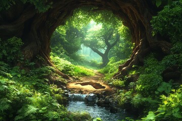 Lush Green Forest with Towering Trees and Stream Leading to Africa-Shaped Tree Trunk, Magical View from Inside