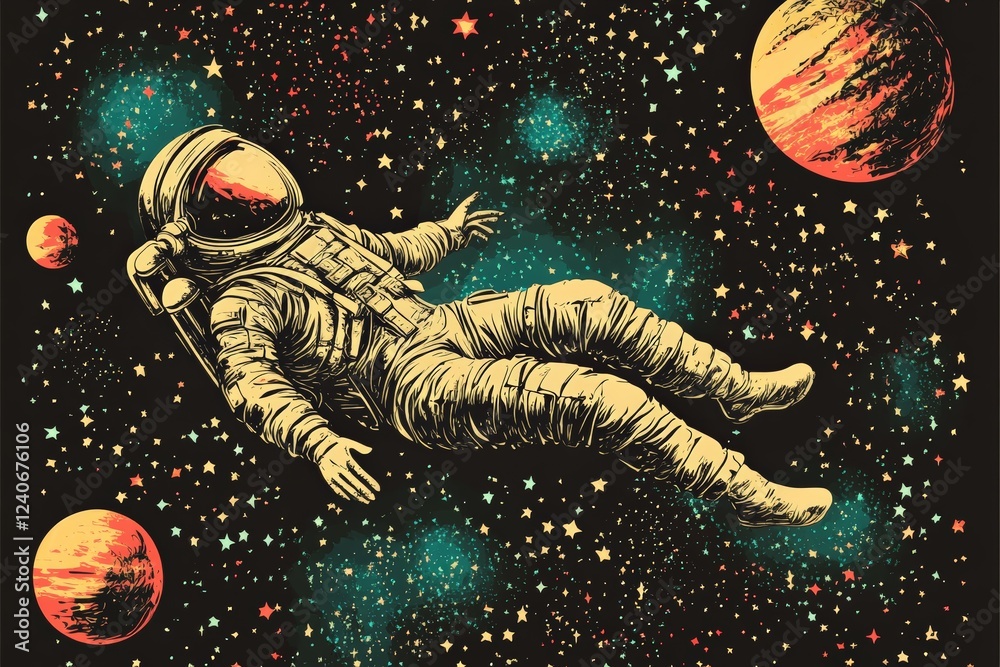 Poster astronaut floating in the vastness of space surrounded by colorful planets and stars