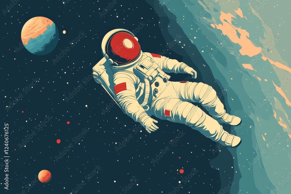 Poster Astronaut floating in the vastness of space surrounded by distant planets and stars in a colorful cosmic landscape