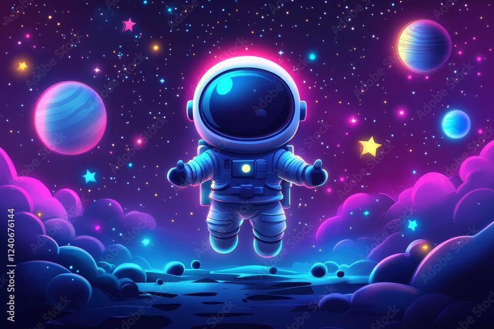 Poster astronaut explores a colorful cosmic landscape filled with stars and planets in outer space