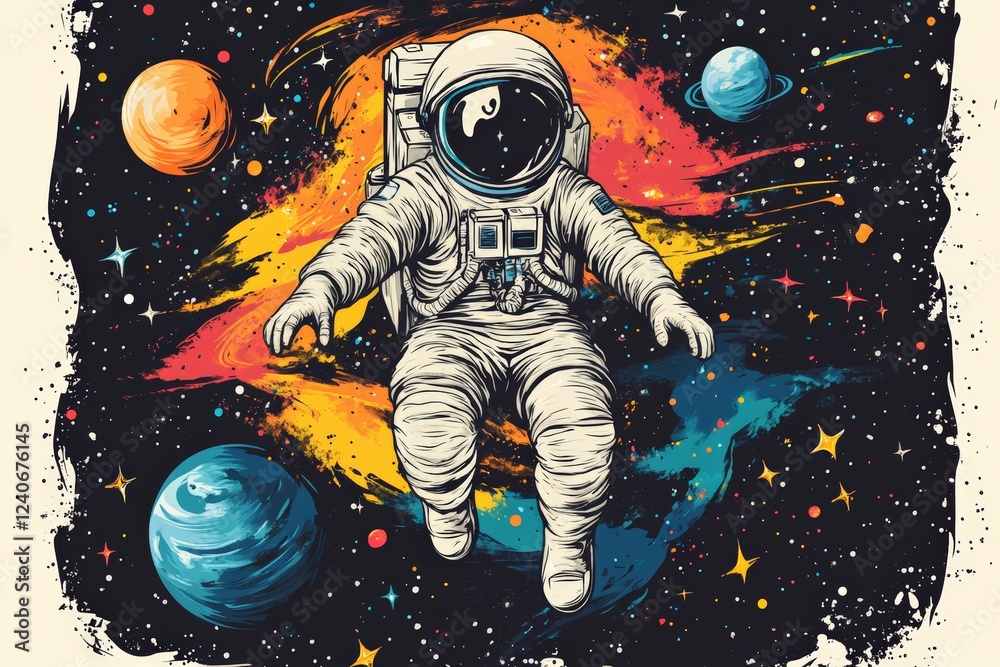 Aufkleber cosmic exploration featuring an astronaut drifting in a colorful, stellar environment filled with pl