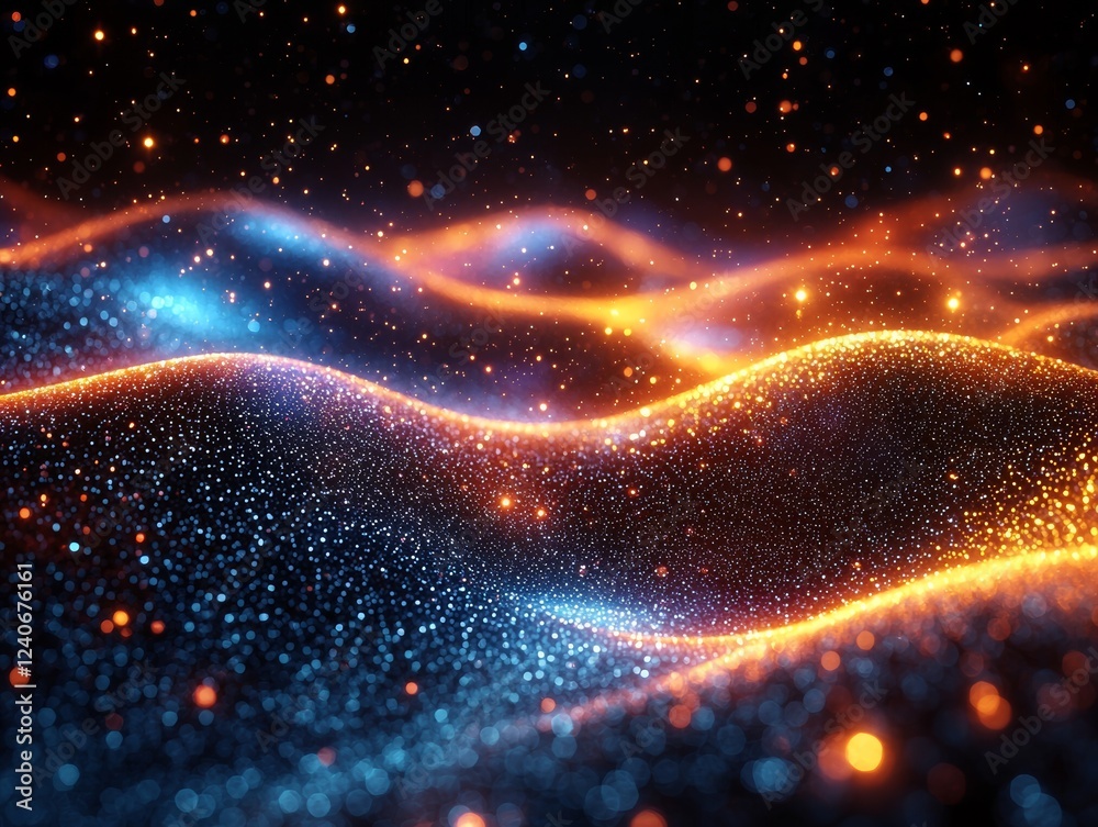 Poster a dynamic display of neon digital multicolored particles and moving dots in cyberspace, perfect for 