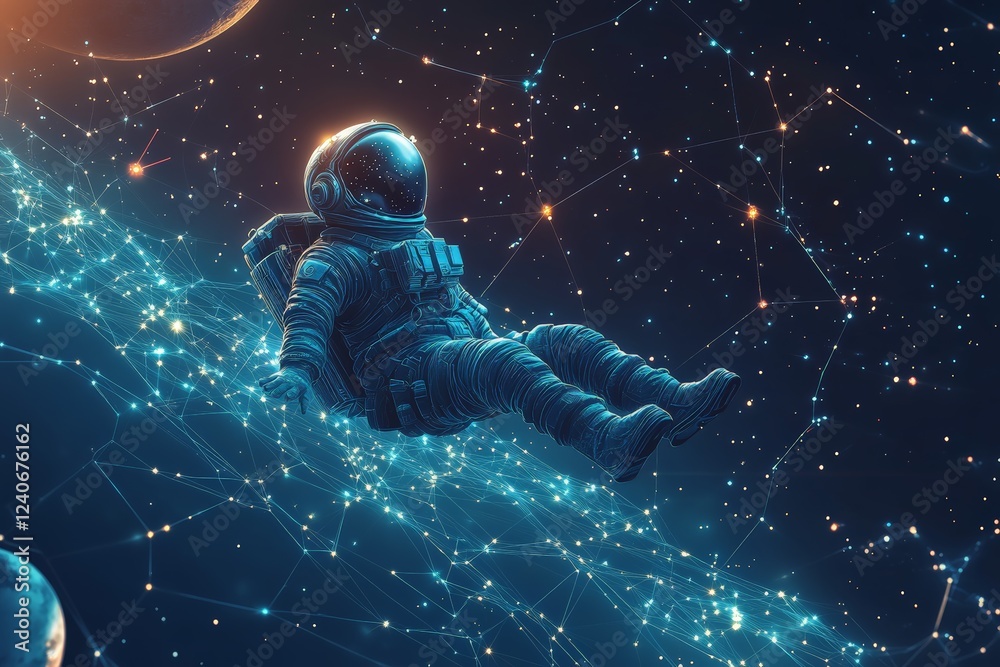 Aufkleber astronaut floating through a network of stars and cosmic connections in deep space