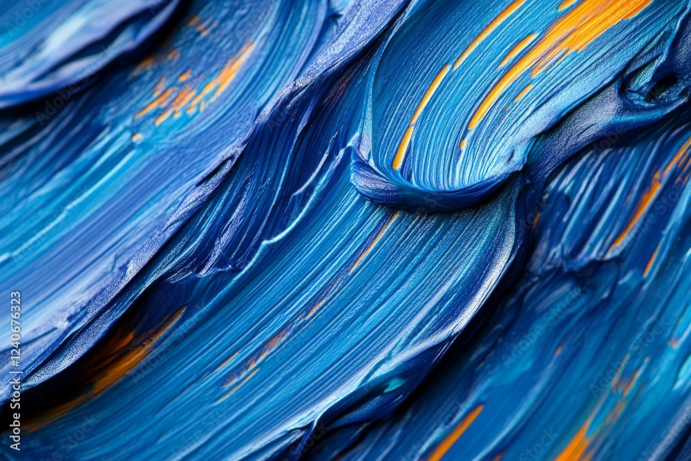 Poster Vibrant blue and orange abstract paint texture displaying brush strokes and movement in close-up view