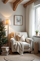 A cozy reading nook adorned for Christmas with a plush armchair, soft blankets, and a small tree beside a stack of books. Scandinavian Interior Style.