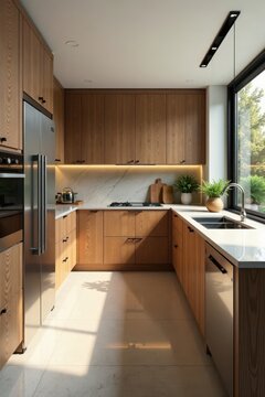 Sleek stainless steel kitchen with wooden accents and natural stone, edelstahl, schr?nke, beleuchtung