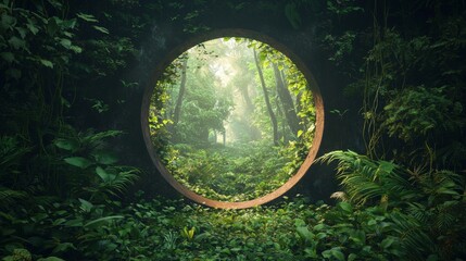 A mystical stone gate, entwined with vines and leaves, stands in the heart of a verdant enchanted fantasy landscape, bathed in sunlight filtering through the trees.