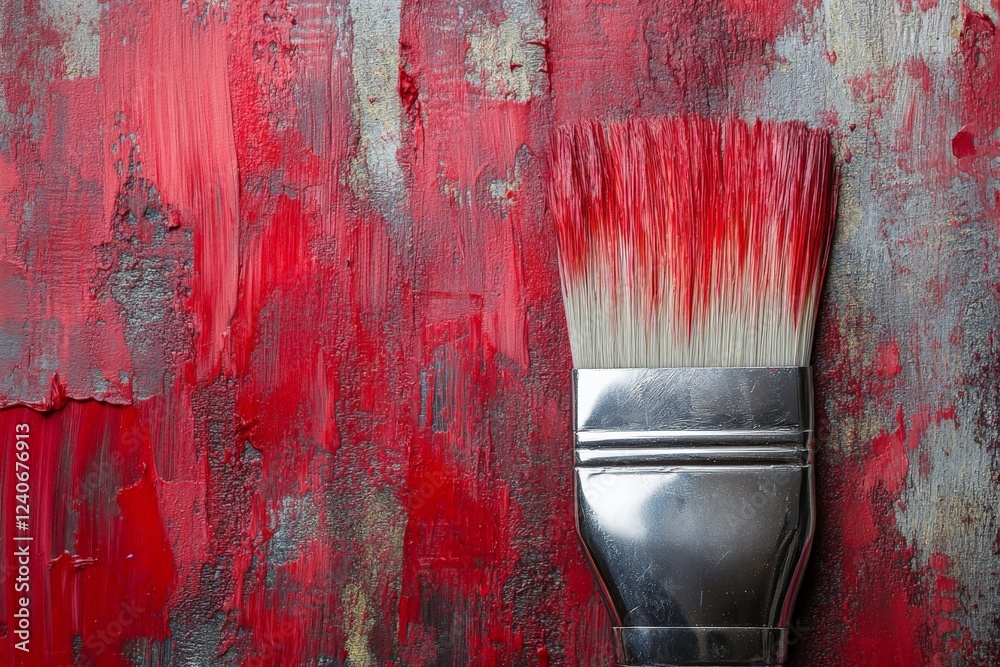 Poster creative brush resting on vibrant red and textured paint, showcasing artistic details in a studio en
