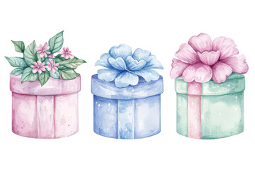 Three decorative gift boxes adorned with flowers in pastel colors, featuring pink, blue, and green themes.