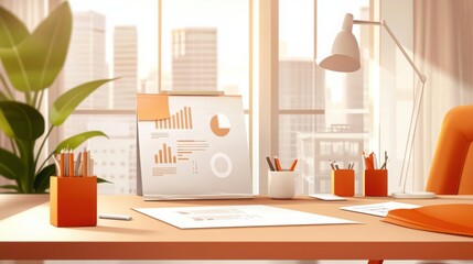 Modern Office Setup with Business Charts and Warm Color Scheme in Bright Space