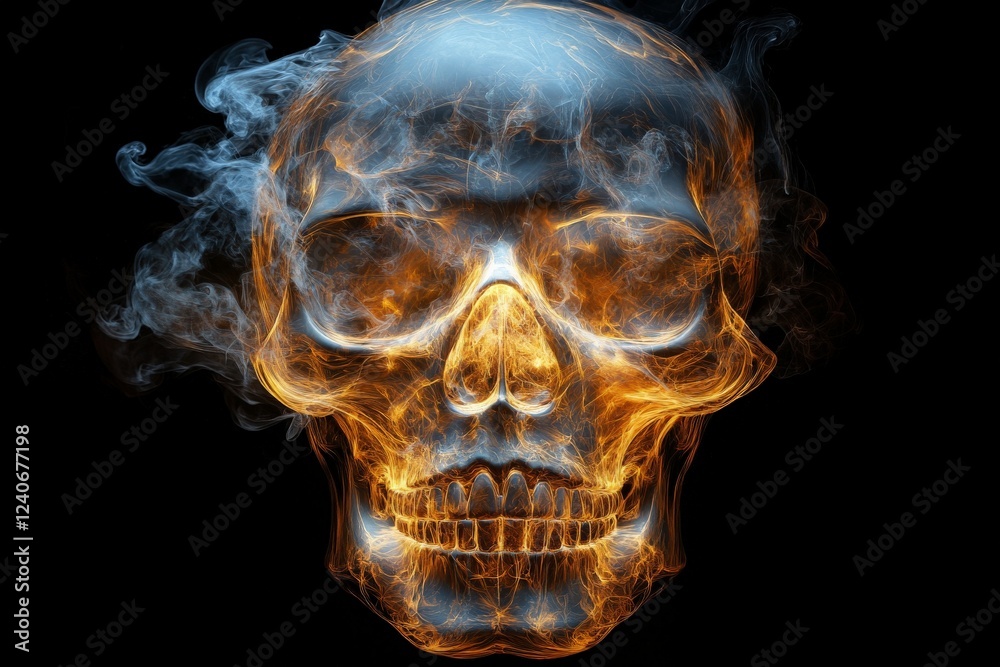 Poster skull engulfed in vibrant flames and smoke creating a dramatic visual effect