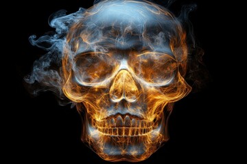 Skull engulfed in vibrant flames and smoke creating a dramatic visual effect