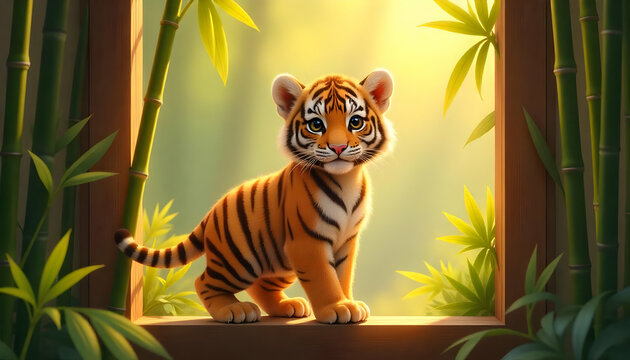 Adorable Tiger Cub Amidst Bamboo Grove