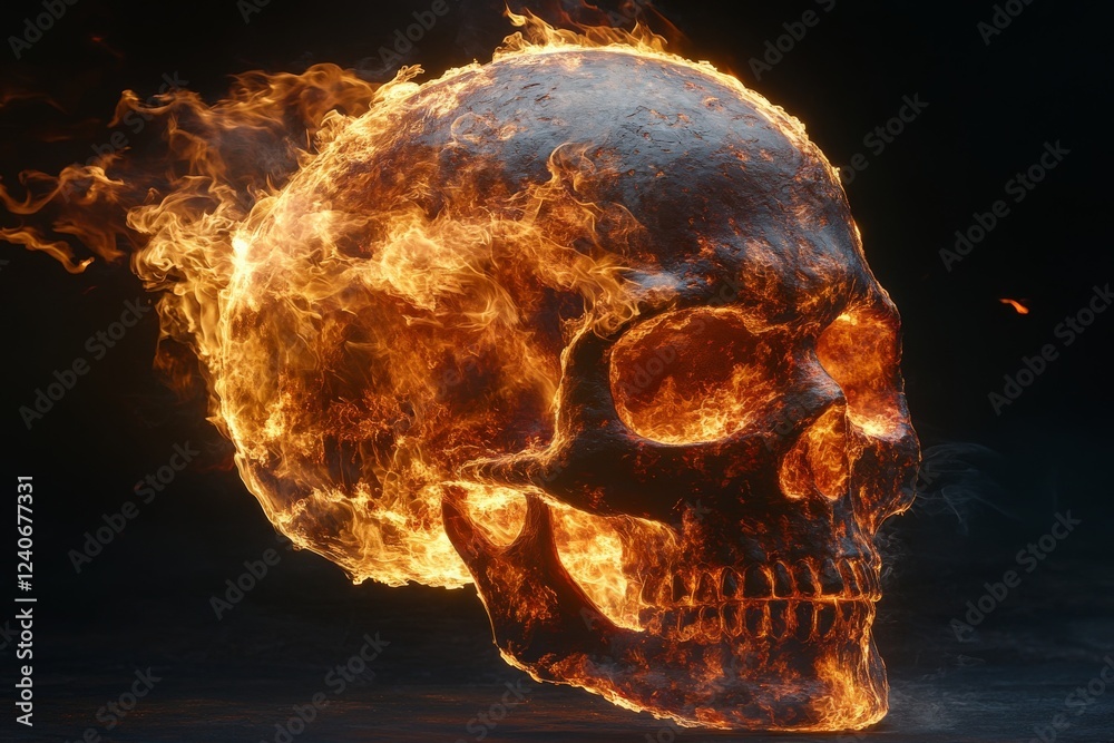 Poster Fiery skull emerging from darkness, revealing a mesmerizing display of flames and shadows