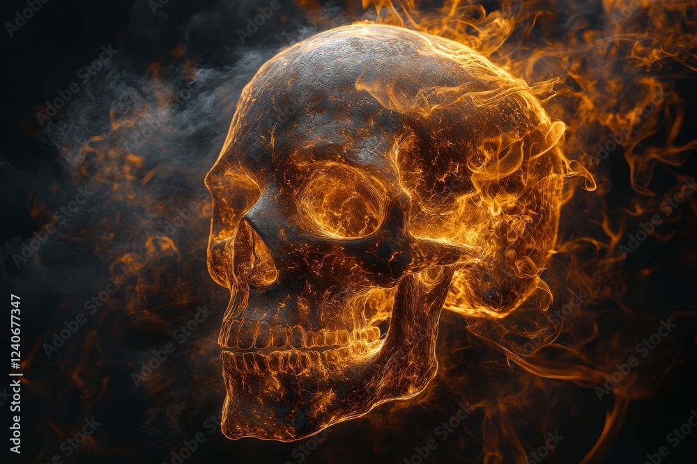 Poster Fiery skull surrounded by smoke creating a dramatic visual effect in dark surroundings