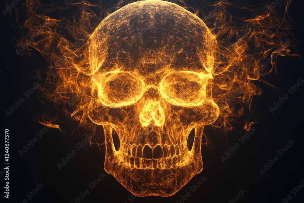 Poster fiery skull design with glowing flames and strong visual impact in dark background