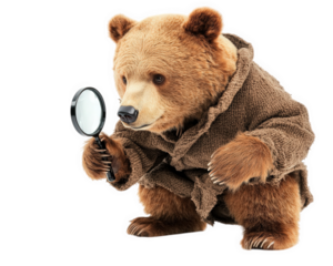 bear dressed as detective, holding magnifying glass, exudes curiosity and charm. This whimsical scene captures playful essence of bear in detective role