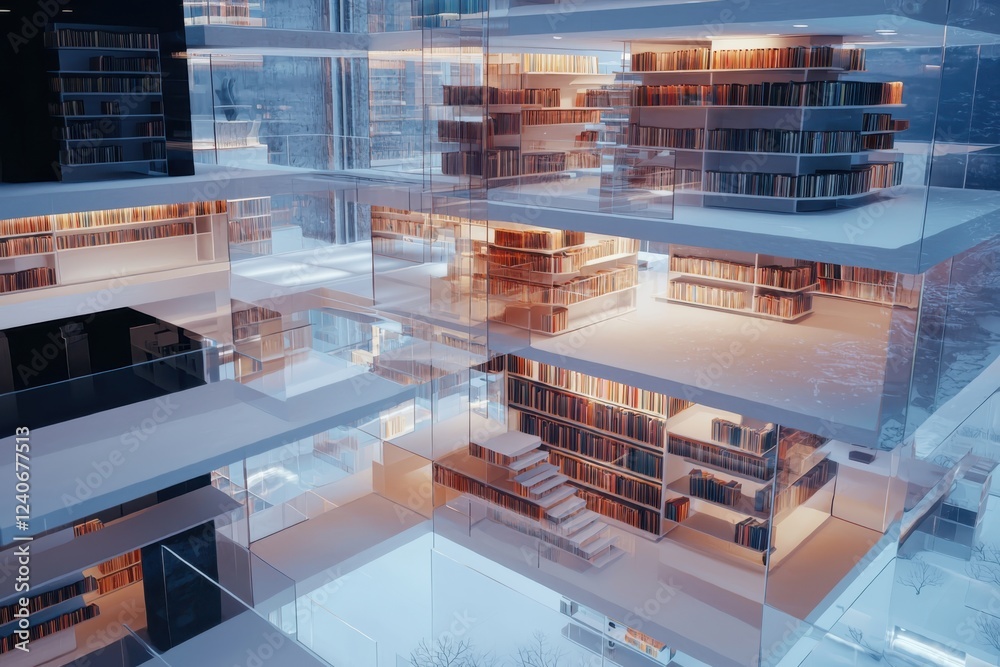 Poster exploring the future of reading a futuristic library with floating hologram books in an immersive di