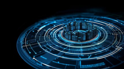 A blue background featuring a central geometric shape made of glowing lines, akin to a futuristic blueprint or technological interface. The minimalist design evokes innovation and precision