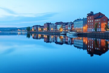 Fototapeta premium Calm evening by the waterfront with colorful buildings reflecting in the water