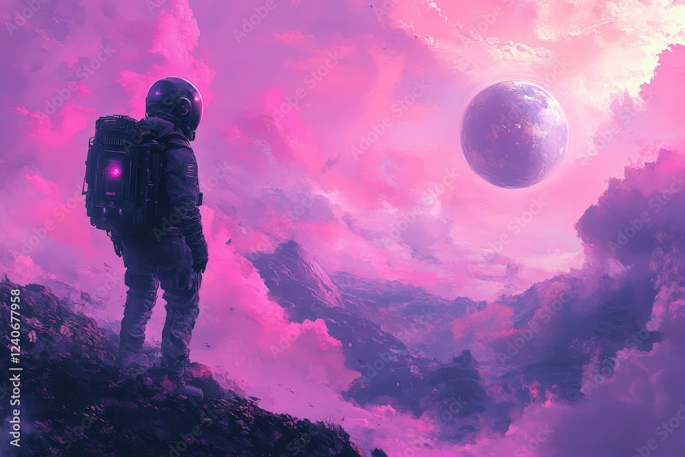 Poster astronaut gazes at a vibrant alien landscape under a mystical colorful sky with a distant planet
