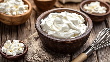 Fototapeta premium Making whipping cream handmade sour cream or homemade cream in a metal plate with a whisk
